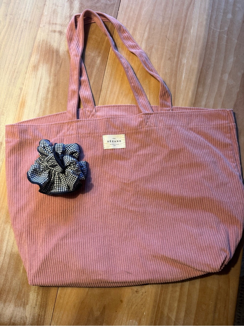 Sézane Pink Corduroy Tote with Gingham Scrunchie
